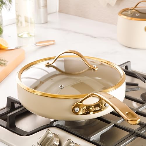 Saute Deep Frying Pan Skillet with Lid (Almond Cream w/ Gold Handle / Deep Fry Pan w/ Lid (10-Inch))