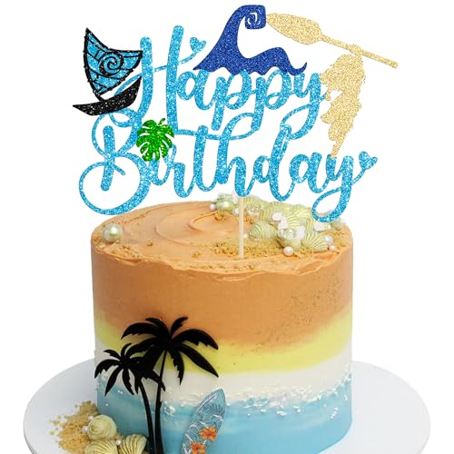 1Pcs Summer Cake Topper Glitter Tree Flower Happy Birthday Cake Pick Decoration for Tropical Hawaiian Luau Theme Baby Shower Kids Birthday Party Cake Decorations Supplies Blue (Blue 4)