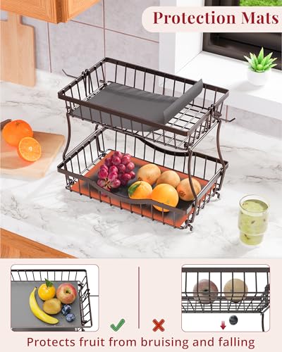 Large 2 Tier Fruit Basket for Kitchen Counter with 2 Banana Hangers (Bronze)