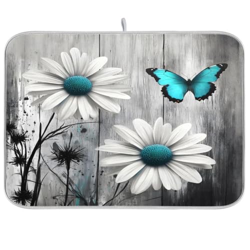 Daisy Flower Teal Butterfly Dish Drying Mat for Kitchen Counter Absorbent Microfiber Drying Pad (16" x 18")