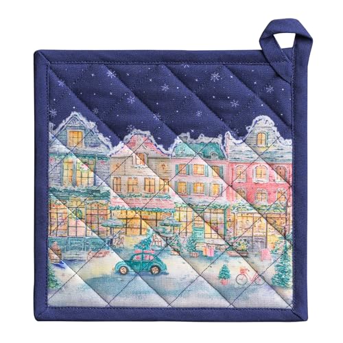 Pot Holders 100% Cotton Potholders (123 - Christmas Market - Blue / 8" x 8" (Pot Holder Pack of 1))