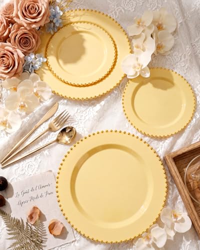 180PCS Yellow Gold Plastic Plates Set for 30 Guests Wedding Party (Yellow and Gold Plastic Dinnerware Set / 180PCS)