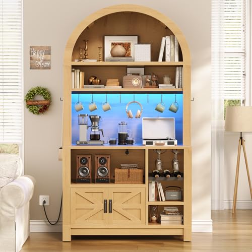 73" Tall Arched Bakers Rack with Power Outlet and LED Light (Natrual)
