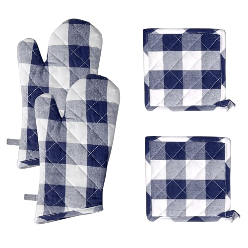 Buffalo Plaid Check Oven Mitts and Pot Holders Set of 4 (Buffalo, Navy Blue)