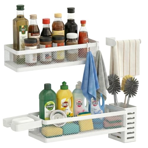 5-in-1 Wide Wall Mount Wrapped Mesh Kitchen Organizer & Shower Caddy Kit, with Paper Towel Holder, Utensil Holder, Soap Dish, Heavy Duty 50LBS - White, Netting (White / 5-in-1 Full Mesh (12.6" Wide))