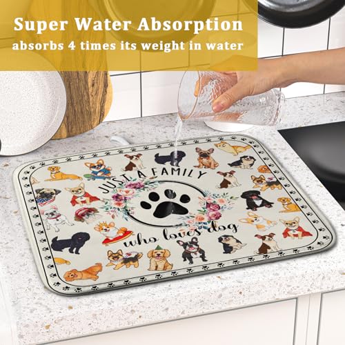 Cute Dog Dish Drying Mat Absorbent Printed Drying Pad for Pet Lover (Dog Family White / 18" x 16")