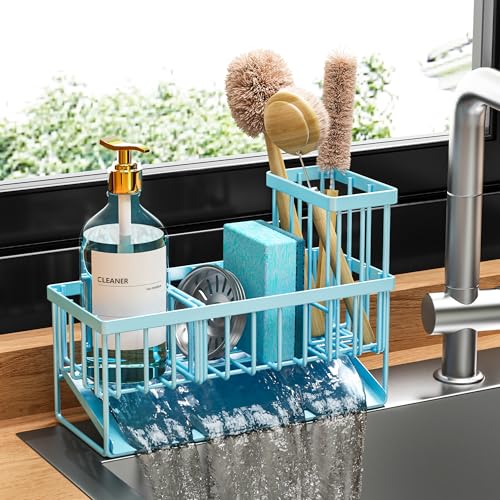 Blue Kitchen Sink Caddy Organzier with High Brush Holder
