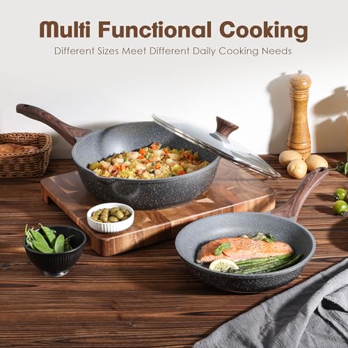 Nonstick Frying Pans (Gray / 9.5 Inch+5QT w/ Lid)