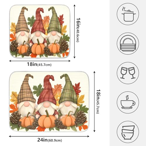 Fall Pumpkin Gnomes Maple Leaves Autumn3 Dish Drying Mat for Kitchen Counter Absorbent Microfiber Large Drying Pad Dish mats for Kitchen Countertops 18 x 24 Inch (Thanksgiving Gnome / 24" x 18")