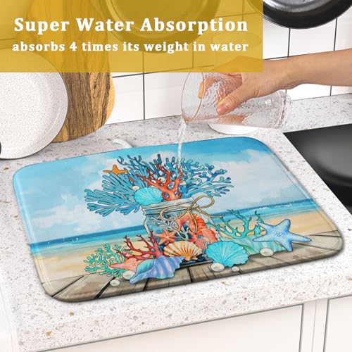 Coastal Coral Dish Drying Mat 16x18 inch Starfish Shell Fast Dry Microfiber Dish Rack Mats Drainer Pad for Countertop Kitchen Table Decor (Coral Vase / 16" x 18")