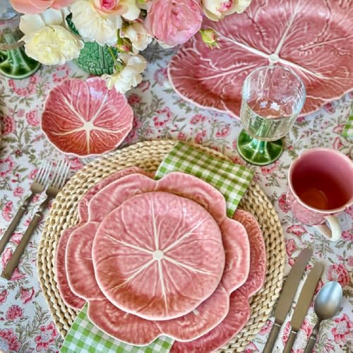Pink Cabbage Dinner Plate Set of 4 Large Pink Leaf Motif Earthenware Handcrafted Portuguese Tableware Serving Platter Main Course Dining Salad Pasta Entrée Dish Centerpiece 10.4" D (Pink)