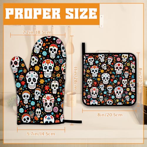 Day of The Dead Skull Mexican Oven Mitts and Pot Holders Set (4 Count)