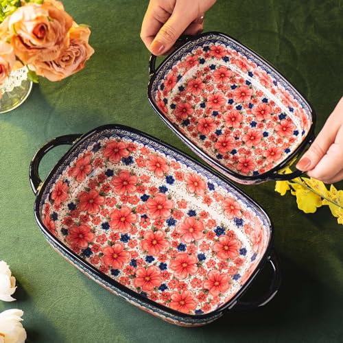 Baking Dish Ceramic Baking Pan Blue Casserole Dish Porcelain rectangular Baking Set 2pcs Bakeware Sets single serving size Lasagna Pan Baking Dishes for oven (Plum flower)