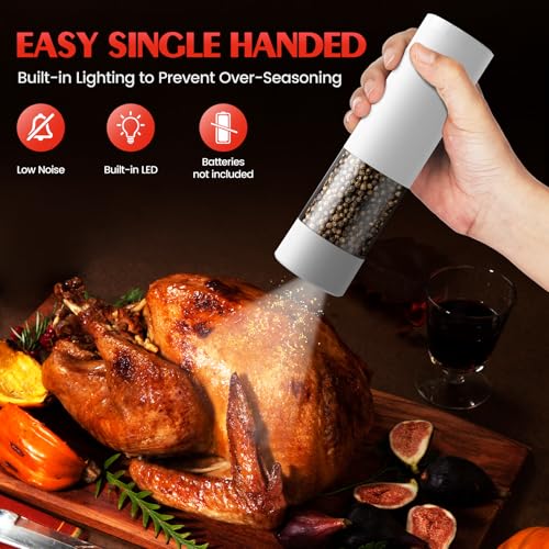 Electric Salt and Pepper Grinder Set Automatic Battery Pepper Mill Shakers Kitchen Gadgets Adjustable Coarseness Upgraded Larger Capacity with Led Birthday Gifts for Women (White/White)