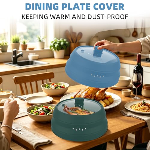 Tall Microwave Splatter Cover Glass Cover Guard Lid 6 inch Height with Collapsible Silicone for Food Pot Plate 12.5 inch Blue (Blue / Taller style 12.5 inch)