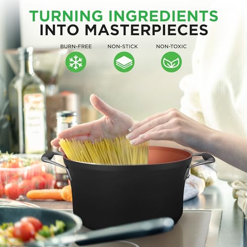 14-Piece Non-Stick Pots and Pans Set - Induction Ready Multi-Sized Cooking Pots with Lids, Small and Medium Frying Pans with Slotted Spatula, Pasta Server, Soup Ladle, Silicone Handles