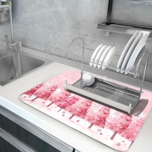 Pink Trees Dish Drying Mats Christmas Snowy Decor Drying Pad Kitchen Countertop Drainer Rack Mat 18 X 24 Inch (Pine Forest 4720 / 24" x 18")
