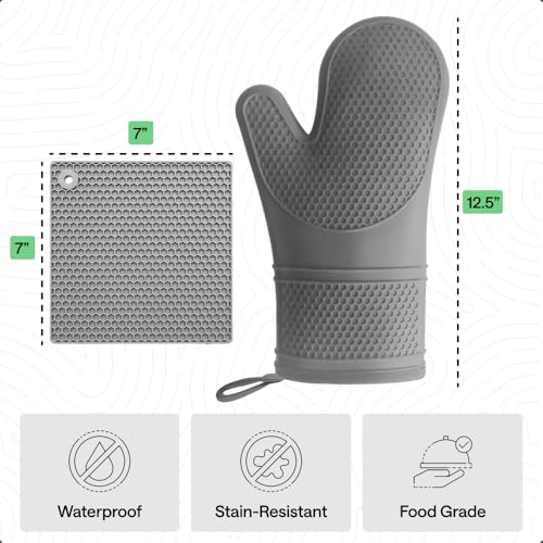 BPA Free Silicone Oven Mitts and Pot Holders Set (Gray / 12.5" Oven Mitts + 7" Trivets)