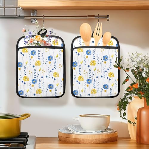 Blue and Yellow Floral Oven Mitts Set (Haodh-7)