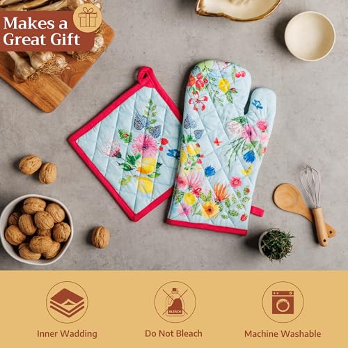 100% Cotton Oven Mitt & Pot Holder Set (093 - Jardin D'ete - Mint / 7.5" x 13" & 8" x 8" (Oven Mitt & Pot Holder))