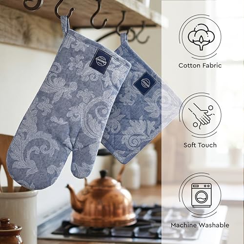 Oven Mitts and Pot Holders Set (Oven Glove + Pot Holder / Floral Blue)