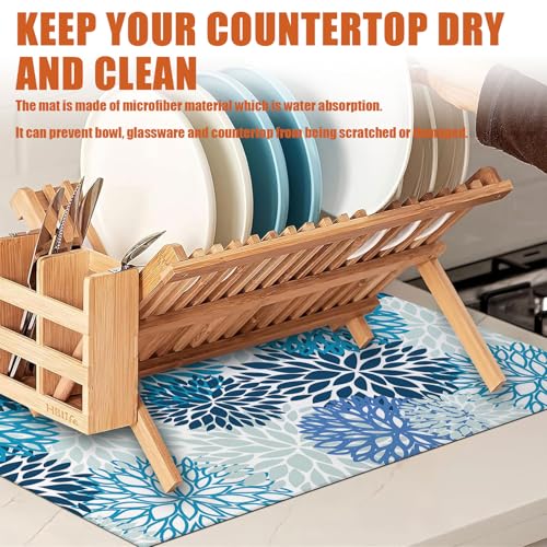 Blue Floral Dish Drying Mat for Kitchen Counter Microfiber Absorbent Dish Kitchen Drying Mat Draining Reusable Washable for Dishes