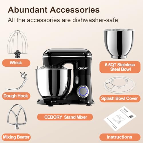 3-IN-1 Electric Stand Mixer, 6.5QT Bowl 660W 10-Speed Kitchen Mixer, Household Food Mixers include Dough Hook, Beater and Whisk, Bread Cake Mixer for Baking and Most Home Cooks, Black (Black)