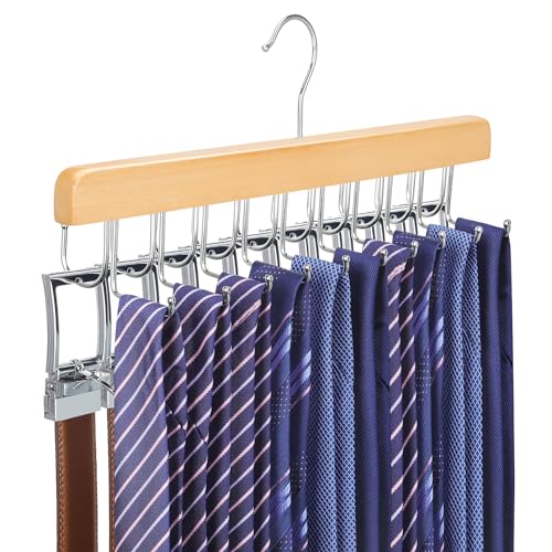 2 in 1 Belt Tie Hanger for Closet Max 30 Belts with 30 Ties Capacity (Natural)