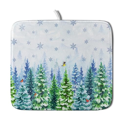 Winter Dish Drying Mat Forest Kitchen Mat for Counter for Home Season Decor 18 X 16 In (Winter Forest Bird / 18" x 16")
