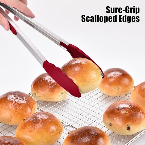 Kitchen Tongs with Silicone Tips for Cooking Serving (Set of 2 (9+12in) / Red)