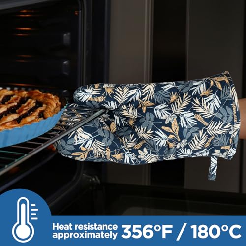 Oven Mitt Extra Long Cotton Cooking Kitchen Mitts with Non (Blue Leaves - Oven Gloves)