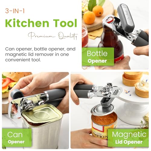 Stainless Steel Manual Can Opener with Soft Grip Handles (Gray)