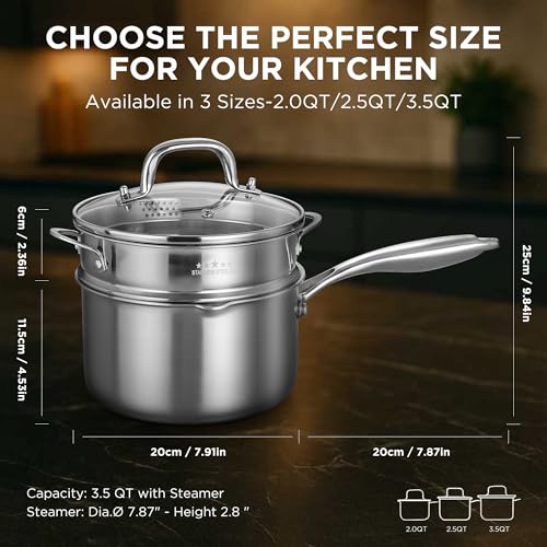 Tri Ply Stainless Steel Sauce Pan with Steamer Basket & Straining Glass Lid (3.5 QT)