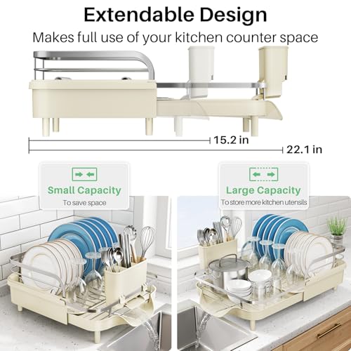 Expandable Dish Drying Rack for Kitchen Counter (Beige)