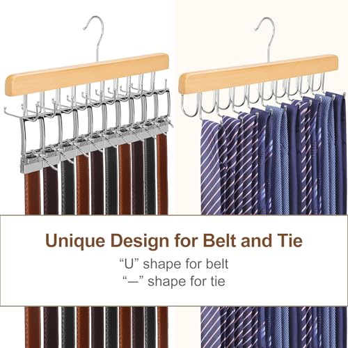2 in 1 Belt Tie Hanger for Closet Max 30 Belts with 30 Ties Capacity (Natural)