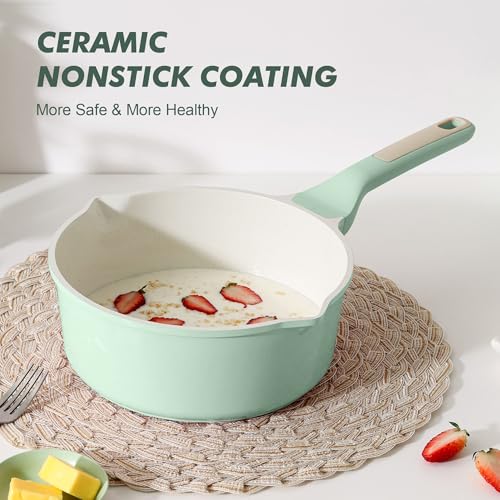 Ceramic Nonstick Saucepan with Double Pouring Spout (Mint Green / 3 Quarts)