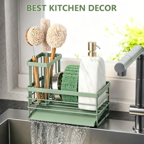 Sink Caddy Sponge Holder for Kitchen with Brush Holder and Stainless Steel Self Drain Tray (8.26'' / Sage Green)