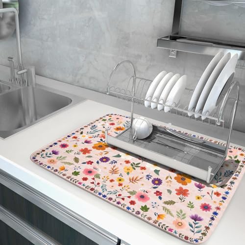 Spring Flowers Dish Drying Mat (Wildflowers Pink / 24" x 18")