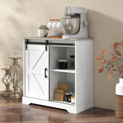 Sliding Barn Door Buffet Sideboard Storage Cabinet Coffee Bar Kitchen Farmhouse Style (White Cabinet Nature Top)