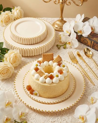 180Pcs Elegant Ivory Gold Plastic Dinnerware Set for Wedding (Ivory and Gold Plastic Dinnerware Set / 180PCS)