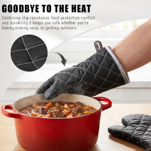 15" 482°F Terry Cloth Oven Mitts 100% Cotton Set of 2 (Black / 15 inch)