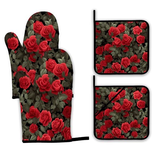 Red Rose Oven Mitts and Pot Holders Set (4 Count)