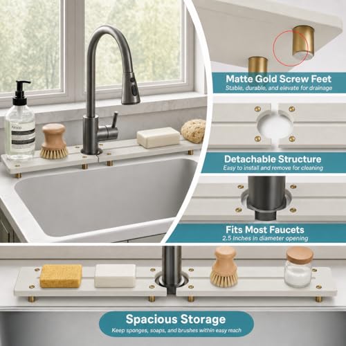 2PCS Stone Faucet Mat for Kitchen Sink (24"x 4" - Beige - Gold)