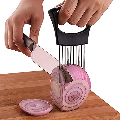 Onion Cut Tomato Slicer Lemon Handy Kitchen Slicing Tool With 10 Even Prongs For Onion Lemon Potato Tomato Slices And Can Be Used To Assist In Cutting Fish (Black)
