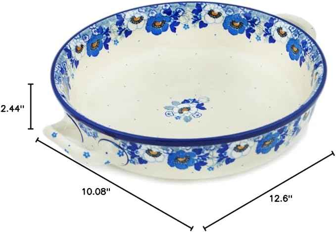 Polmedia Polish Pottery Round Baker with Handles 10-inch - Blue Spring Blue Pattern Handmade in Boleslawiec Poland by Ceramika Artystyczna + Certificate of Authenticity