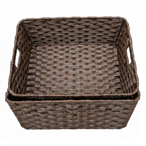 Large 2 Pack Plastic Wicker Storage Baskets (17" x 13" x 5.5" / Brown)