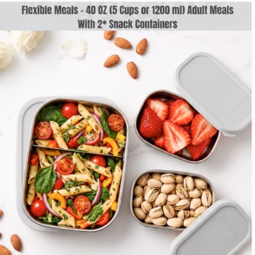 Flexibento 40 OZ Leak Proof Stainless Steel Lunch Box (Grey set of 3: 1*40OZ + 2 *9 OZ)