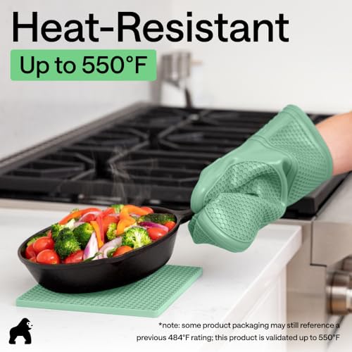 BPA Free Silicone Oven Mitts and Pot Holders Set (Mint / 12.5" Oven Mitts + 7" Trivets)