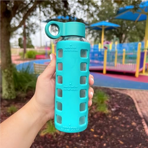 40oz / 32oz / 22oz / 12oz Borosilicate Glass Water Bottle with Time & Volume Markers, Silicone Sleeve, Stainless Steel Lid | Reusable Glass Bottle for Water & Juice (12oz Aqua Blue) (Aqua Blue (1 Count) / 12 Ounces)