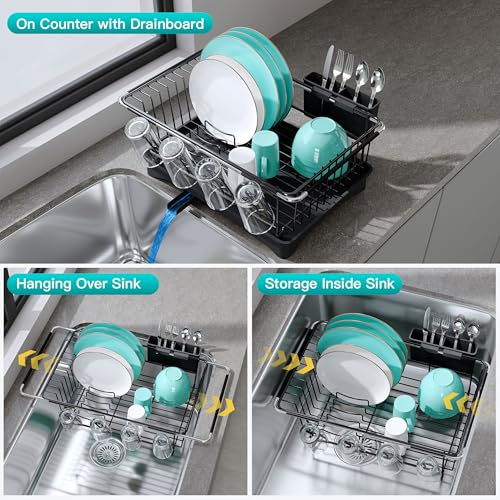 Black Dish Drying Rack in Sink with Drainboard and Utensil Holder (Black / For 12"-30"w Sink, with Drainboard)